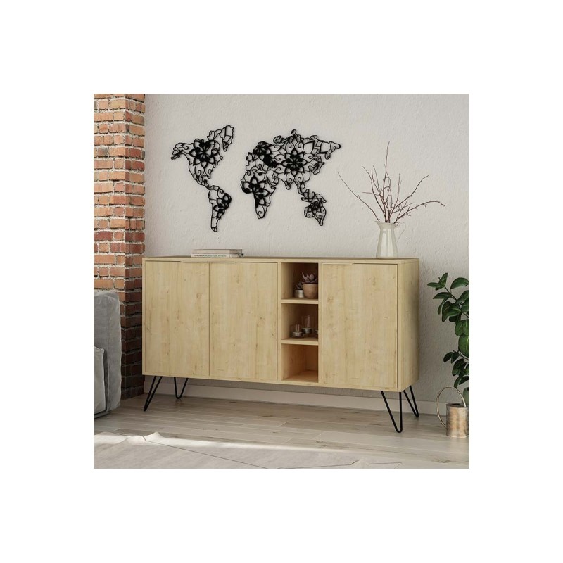 Buffet en Roble Claro 3 puertas con Patas de Metal, 142x35.5x83 cm.
