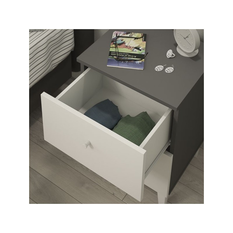 Mesita de noche 2 cajones acabado gris/blanco. 56.5cm(alto) 40cm(ancho) 35cm