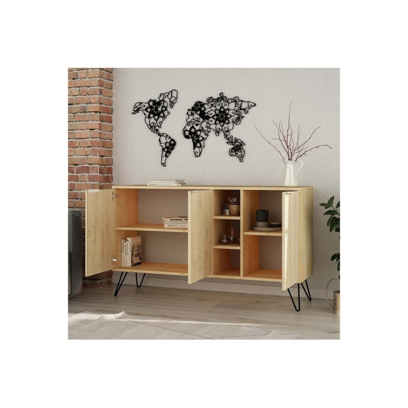 Buffet en Roble Claro 3 puertas con Patas de Metal, 142x35.5x83 cm.