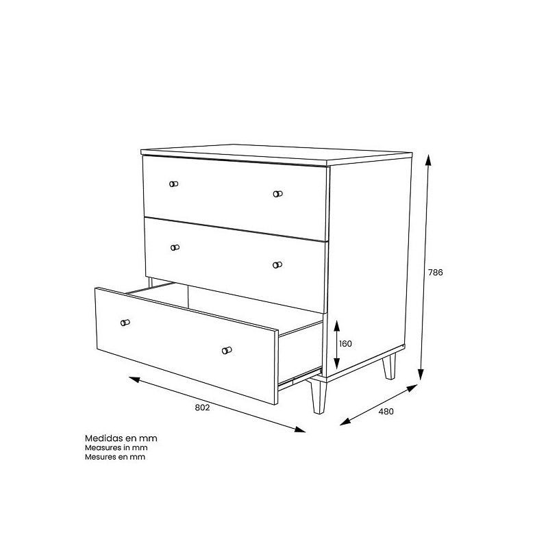 Cómoda con 3 Cajones, para Dormitorio, Acabado en Color Blanco, Medidas: 80 cm (Ancho) x 80 cm (Alto) x 48 cm (Fondo)