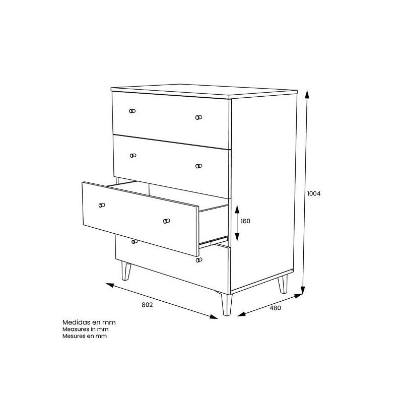 Cómoda con 4 Cajones, para Dormitorio, Acabado en Color Blanco, Medidas: 80 cm (Ancho) x 100 cm (Alto) x 48 cm (Fondo)