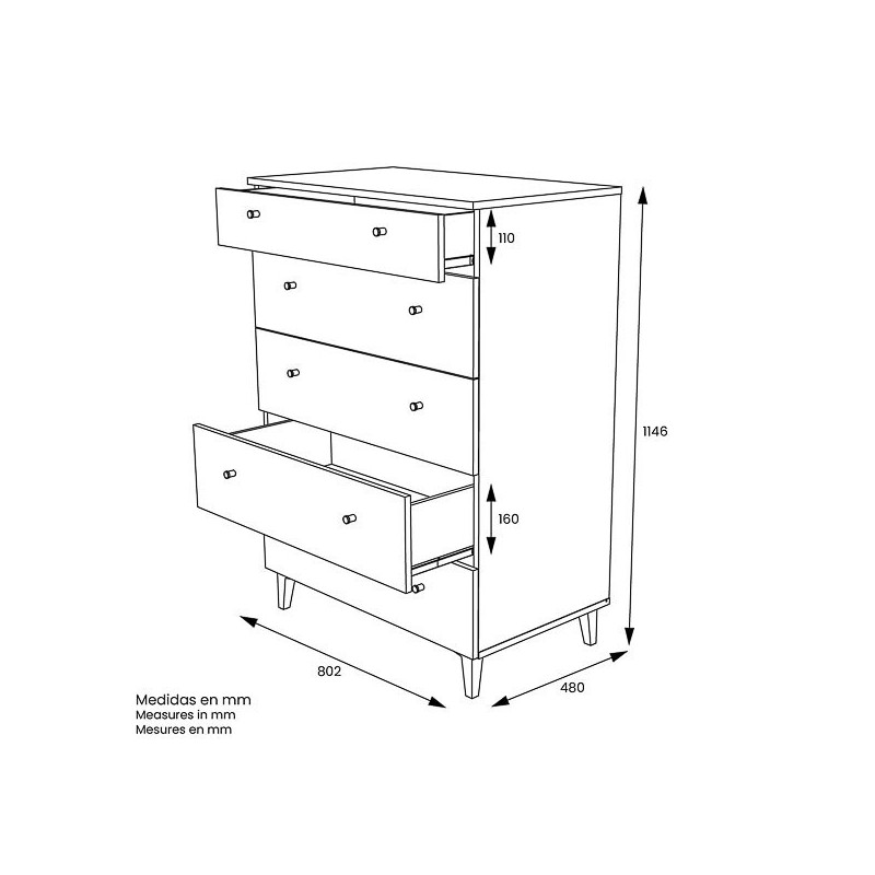 Cómoda con 5 Cajones, para Dormitorio, Acabado en Color Blanco, Medidas: 80 cm (Ancho) x 114,6 cm (Alto) x 48 cm (Fondo)