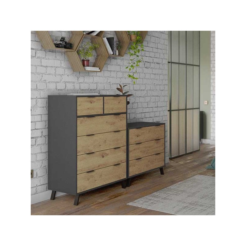 Cómoda con 6 Cajones, para Dormitorio, Acabado en Color Gris/roble, Medidas: 80 cm (Ancho) x 122 cm (Alto) x 48 cm (Fondo)