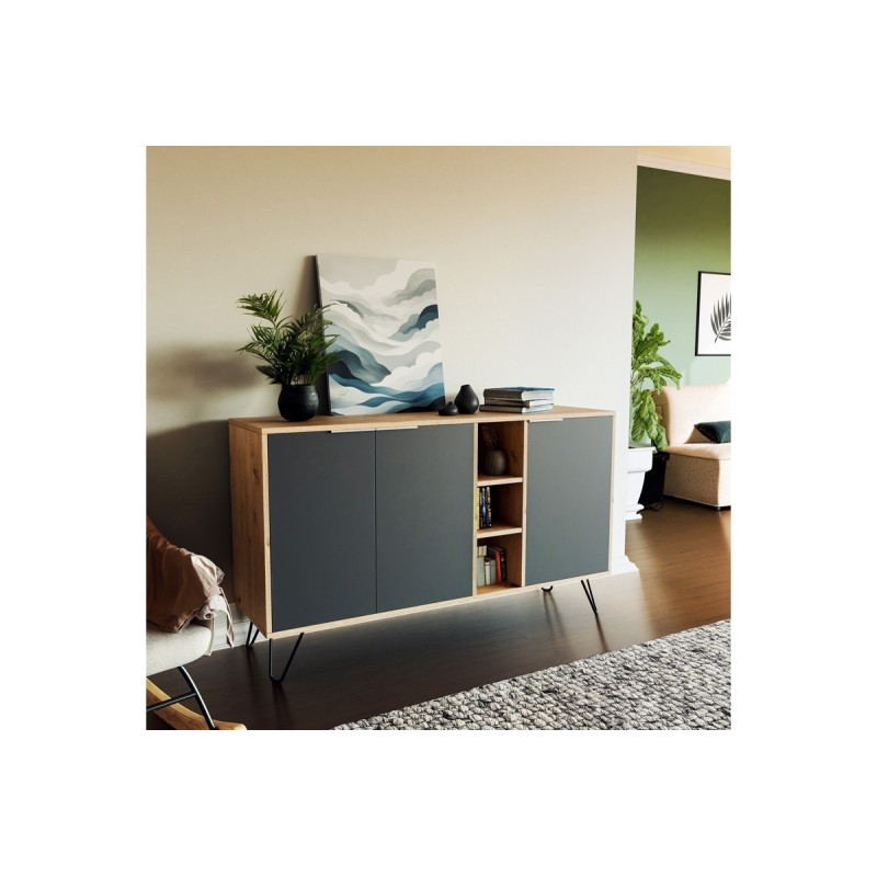 Buffet en Roble Claro y Grafito 3 puertas con Patas de Metal, 142x35.5x83 cm.