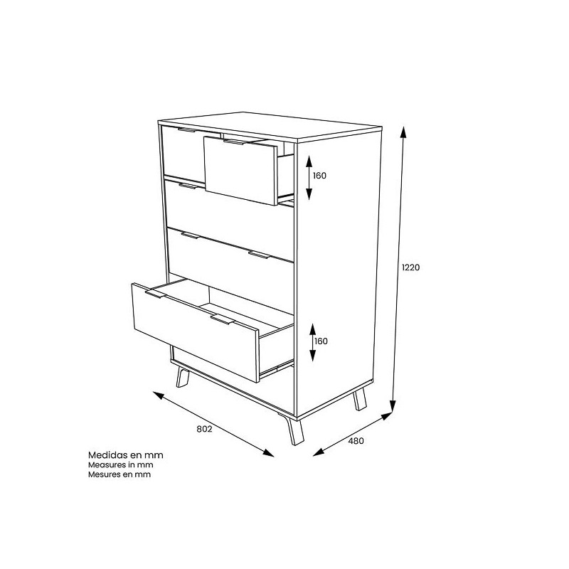 Cómoda con 6 Cajones, para Dormitorio, Acabado en Color Gris/roble, Medidas: 80 cm (Ancho) x 122 cm (Alto) x 48 cm (Fondo)