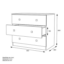 Cómoda con 3 Cajones, para Dormitorio, Acabado en Color Cemento Blanco, Medidas: 80 cm (Ancho) x 70 cm (Alto) x 48 cm (Fondo)