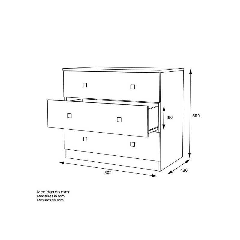 Cómoda con 3 Cajones, para Dormitorio, Acabado en Color Cemento Blanco, Medidas: 80 cm (Ancho) x 70 cm (Alto) x 48 cm (Fondo)