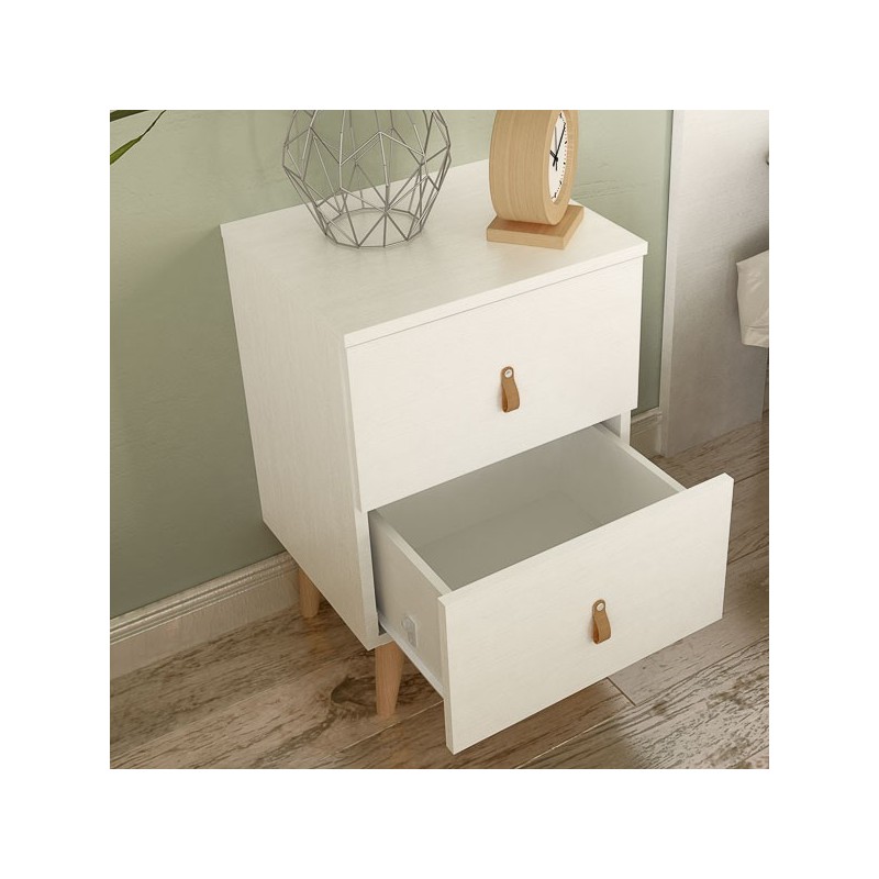 Mesita de Noche 2 cajones, Mesilla de Noche,  Color Blanco, Medidas: 40 cm (Ancho) x 34 cm (Fondo) x 61,6 cm (Alto)