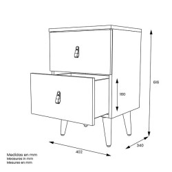 Mesita de Noche 2 cajones, Mesilla de Noche,  Color Blanco, Medidas: 40 cm (Ancho) x 34 cm (Fondo) x 61,6 cm (Alto)