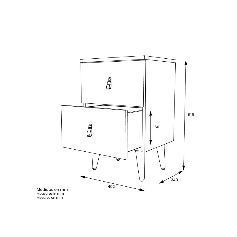 Mesita de Noche 2 cajones, Mesilla de Noche,  Color Blanco, Medidas: 40 cm (Ancho) x 34 cm (Fondo) x 61,6 cm (Alto)