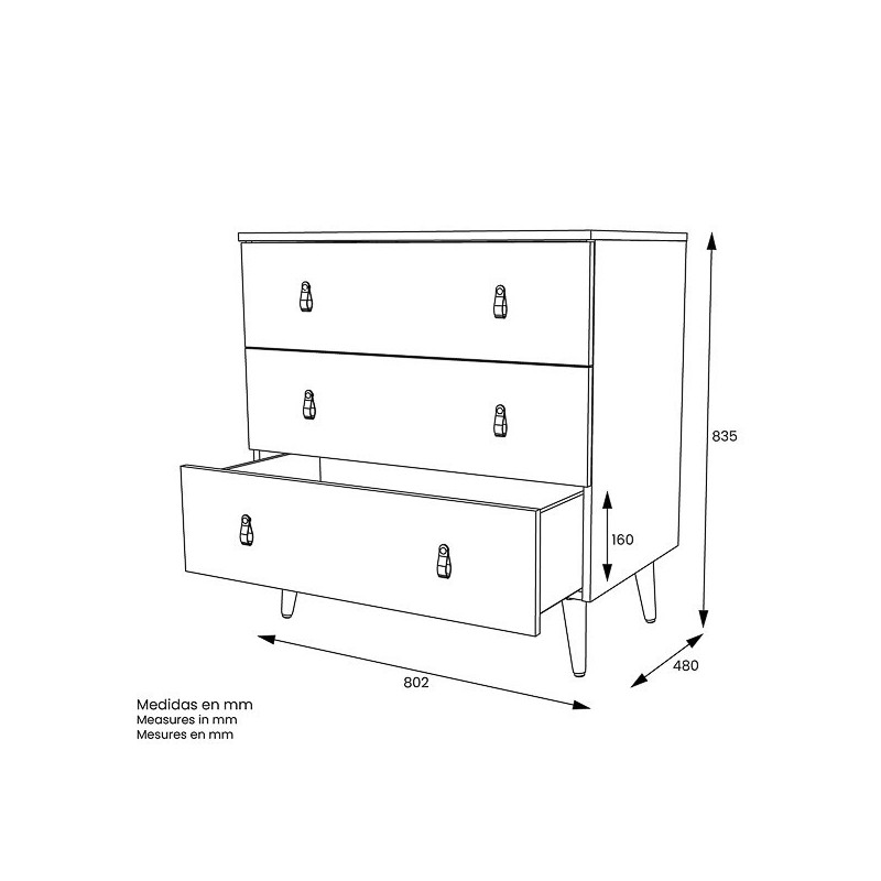 Cómoda con 3 Cajones, para Dormitorio, Acabado en Color Blanco, Medidas: 80 cm (Ancho) x 83,5 cm (Alto) x 48 cm (Fondo)