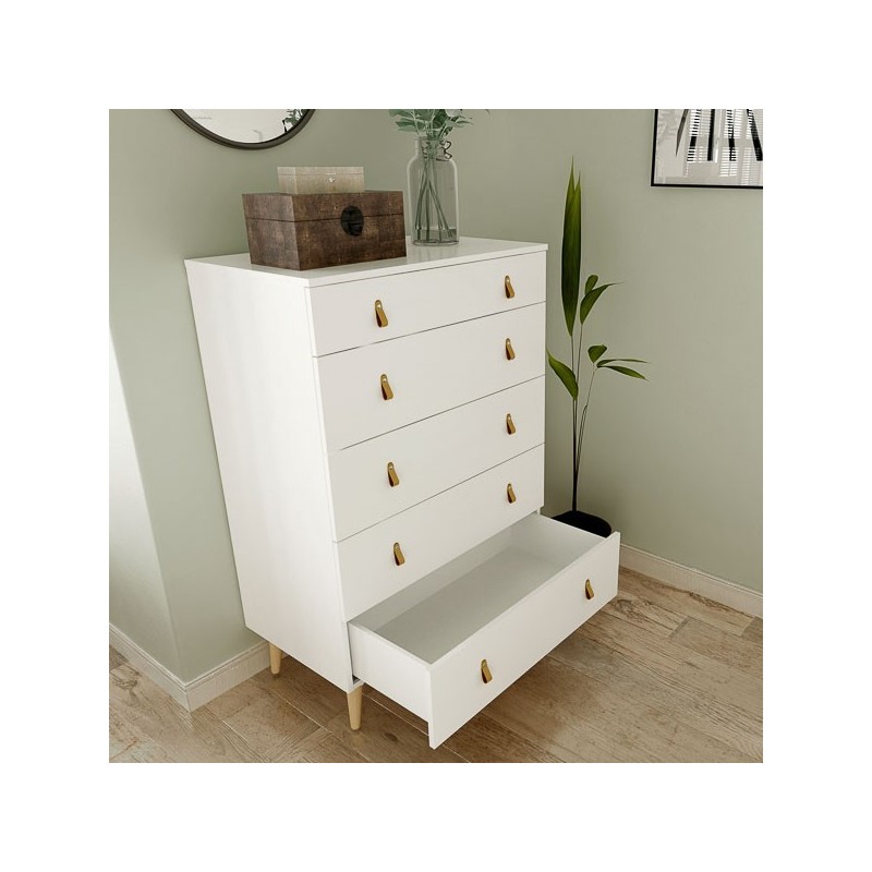 Cómoda con 5 Cajones, para Dormitorio, Acabado en Color Blanco, Medidas: 80 cm (Ancho) x 120 cm (Alto) x 48 cm (Fondo)