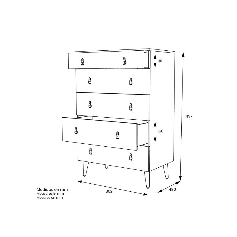 Cómoda con 5 Cajones, para Dormitorio, Acabado en Color Blanco, Medidas: 80 cm (Ancho) x 120 cm (Alto) x 48 cm (Fondo)