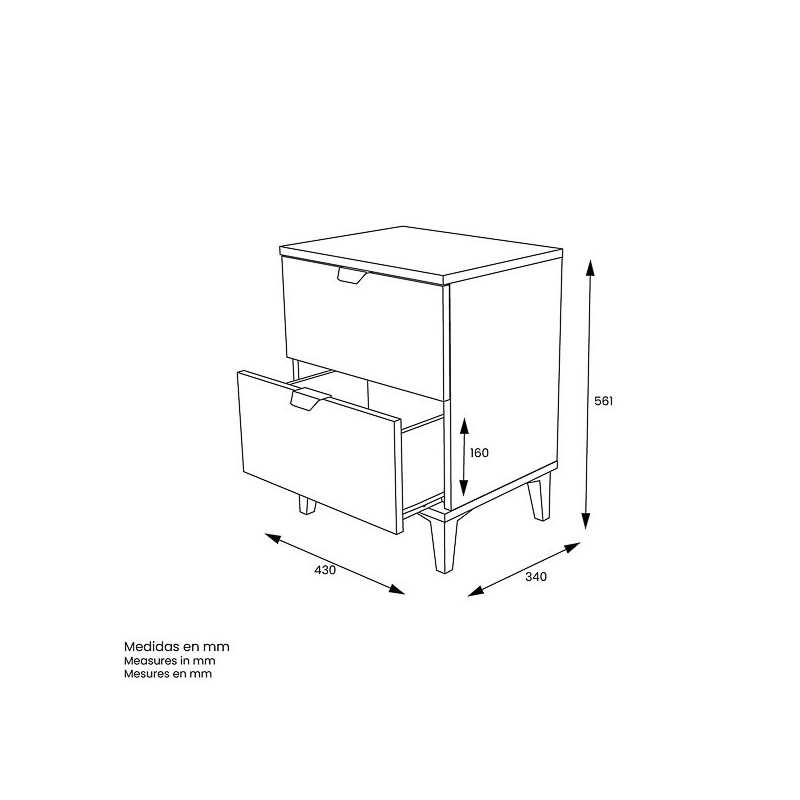 Mesita de Noche 2 cajones, Mesilla de Noche,  Color Blanco, Medidas: 43 cm (Ancho) x 34 cm (Fondo) x 56 cm (Alto)