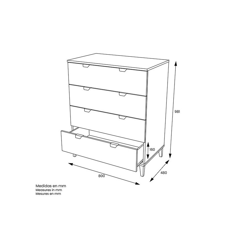 Cómoda con 4 Cajones, para Dormitorio, Acabado en Color Blanco, Medidas: 80 cm (Ancho) x 98 cm (Alto) x 48 cm (Fondo)