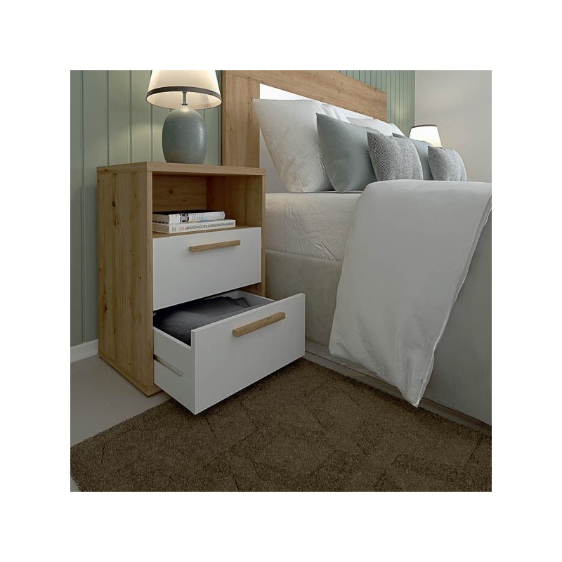 Mesita de Noche 2 cajones y 1 Estante, Mesilla de Noche,Color Blanco y roble, Medidas: 48 cm (Anc) x 33,6 cm (Fon) x 64 cm (Al)