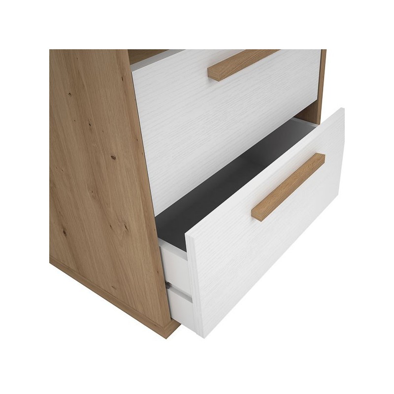 Mesita de Noche 2 cajones y 1 Estante, Mesilla de Noche,Color Blanco y roble, Medidas: 48 cm (Anc) x 33,6 cm (Fon) x 64 cm (Al)