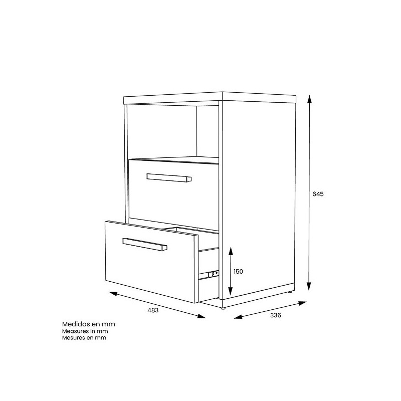 Mesita de Noche 2 cajones y 1 Estante, Mesilla de Noche,Color Blanco y roble, Medidas: 48 cm (Anc) x 33,6 cm (Fon) x 64 cm (Al)