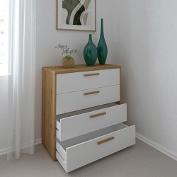 Cómoda con 4 Cajones, para Dormitorio, Acabado en Color Blanco y Roble, Medidas: 88 cm (Ancho) x 86 cm (Alto) x 48 cm (Fondo)