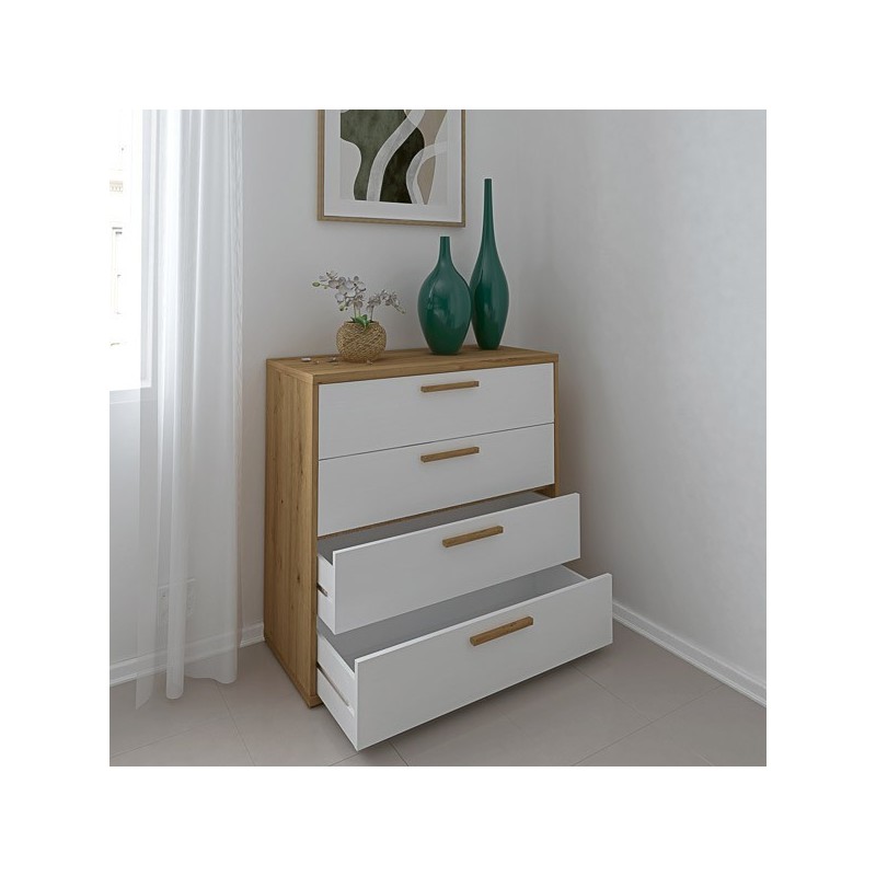 Cómoda con 4 Cajones, para Dormitorio, Acabado en Color Blanco y Roble, Medidas: 88 cm (Ancho) x 86 cm (Alto) x 48 cm (Fondo)