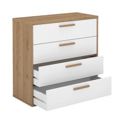 Cómoda con 4 Cajones, para Dormitorio, Acabado en Color Blanco y Roble, Medidas: 88 cm (Ancho) x 86 cm (Alto) x 48 cm (Fondo)