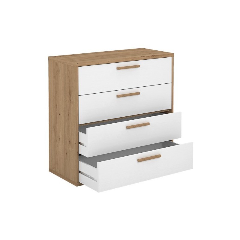Cómoda con 4 Cajones, para Dormitorio, Acabado en Color Blanco y Roble, Medidas: 88 cm (Ancho) x 86 cm (Alto) x 48 cm (Fondo)