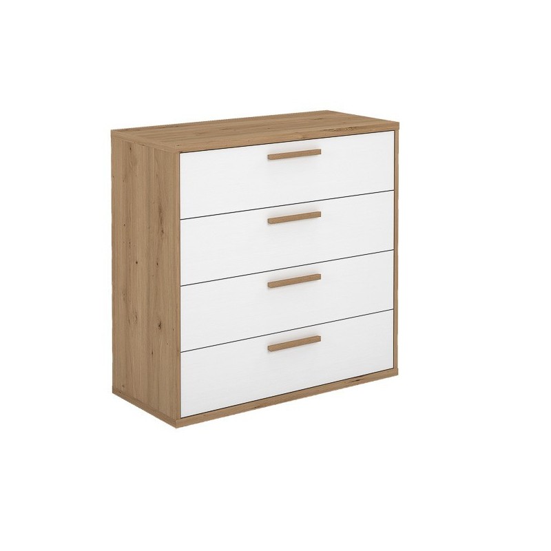 Cómoda con 4 Cajones, para Dormitorio, Acabado en Color Blanco y Roble, Medidas: 88 cm (Ancho) x 86 cm (Alto) x 48 cm (Fondo)