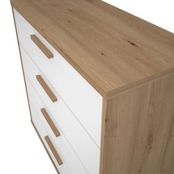 Cómoda con 4 Cajones, para Dormitorio, Acabado en Color Blanco y Roble, Medidas: 88 cm (Ancho) x 86 cm (Alto) x 48 cm (Fondo)