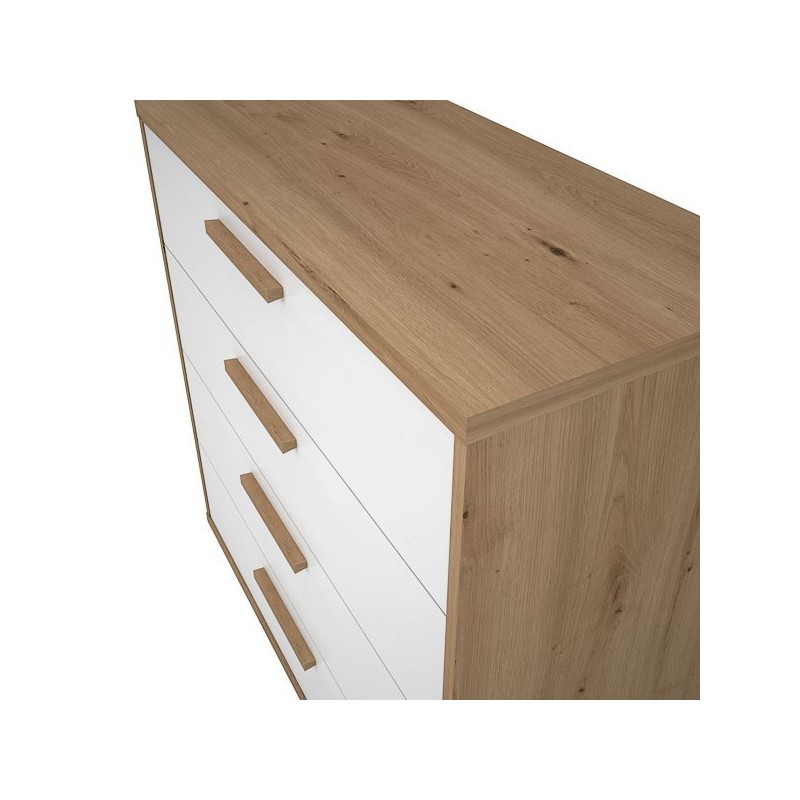 Cómoda con 4 Cajones, para Dormitorio, Acabado en Color Blanco y Roble, Medidas: 88 cm (Ancho) x 86 cm (Alto) x 48 cm (Fondo)