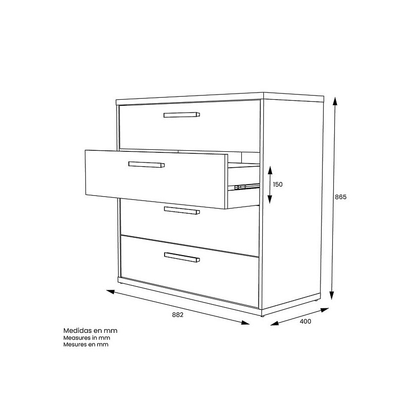 Cómoda con 4 Cajones, para Dormitorio, Acabado en Color Blanco y Roble, Medidas: 88 cm (Ancho) x 86 cm (Alto) x 48 cm (Fondo)