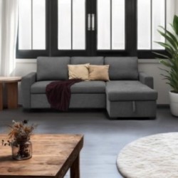 Sofá Cama 3 Plazas Reversible con Chaiselongue y Almacenaje, Tapizado en Tela Gris, 229x93x153 cm