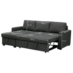 Sofá Cama 3 Plazas Reversible con Chaiselongue y Almacenaje, Tapizado en Tela Gris, 229x93x153 cm