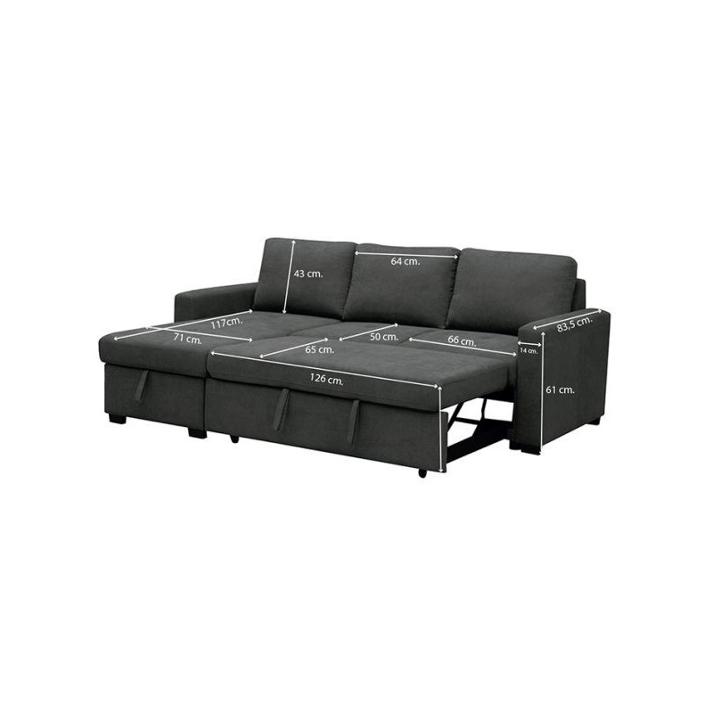 Sofá Cama 3 Plazas Reversible con Chaiselongue y Almacenaje, Tapizado en Tela Gris, 229x93x153 cm