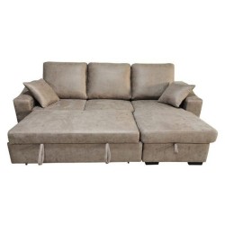 Sofá Cama 3 Plazas Reversible con Chaiselongue y Almacenaje, Tapizado en Tela Cemento, 229x93x153 cm