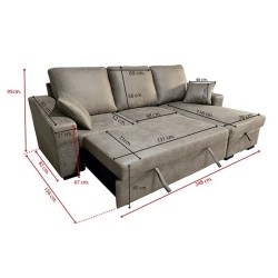 Sofá Cama 3 Plazas Reversible con Chaiselongue y Almacenaje, Tapizado en Tela Cemento, 229x93x153 cm