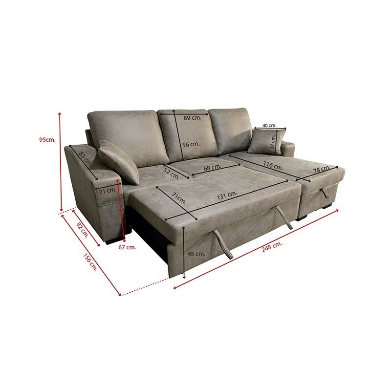 Sofá Cama 3 Plazas Reversible con Chaiselongue y Almacenaje, Tapizado en Tela Cemento, 229x93x153 cm