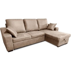 Sofá Cama 3 Plazas Reversible con Chaiselongue y Almacenaje, Tapizado en Tela Piedra, 229x93x153 cm