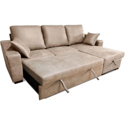 Sofá Cama 3 Plazas Reversible con Chaiselongue y Almacenaje, Tapizado en Tela Piedra, 229x93x153 cm