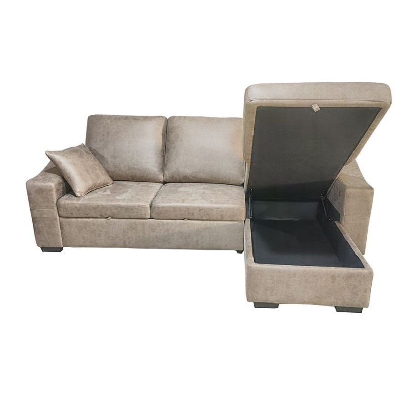 Sofá Cama 3 Plazas Reversible con Chaiselongue y Almacenaje, Tapizado en Tela Piedra, 229x93x153 cm