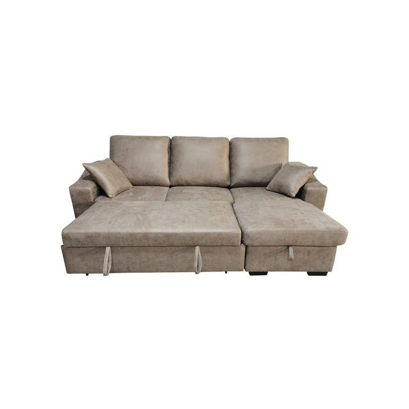 Sofá Cama 3 Plazas Reversible con Chaiselongue y Almacenaje, Tapizado en Tela Piedra, 229x93x153 cm