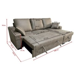 Sofá Cama 3 Plazas Reversible con Chaiselongue y Almacenaje, Tapizado en Tela Piedra, 229x93x153 cm