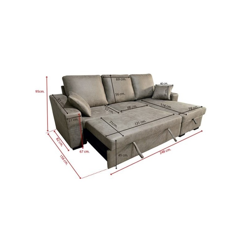 Sofá Cama 3 Plazas Reversible con Chaiselongue y Almacenaje, Tapizado en Tela Piedra, 229x93x153 cm