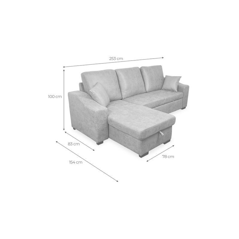 Sofá Cama 3 Plazas Reversible con Chaiselongue y Almacenaje, Tapizado en Tela Piedra, 229x93x153 cm