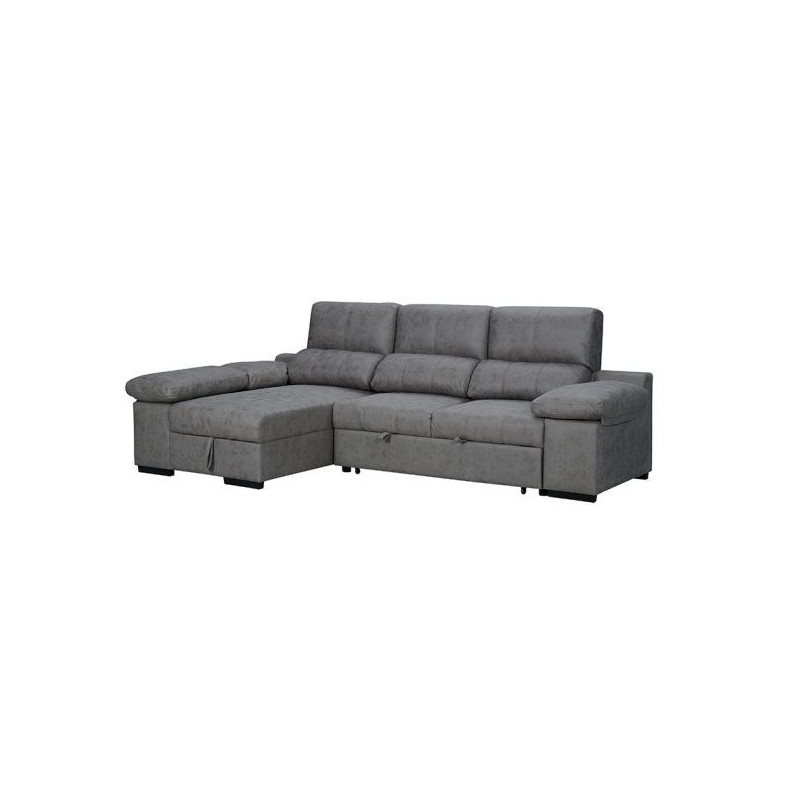 Sofá con Chaiselongue Reversible Color Cemento, Asientos Extensibles y Arcón, 291x160x104 cm, Tapizado en Tela