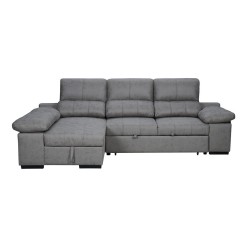 Sofá con Chaiselongue Reversible Color Cemento, Asientos Extensibles y Arcón, 291x160x104 cm, Tapizado en Tela