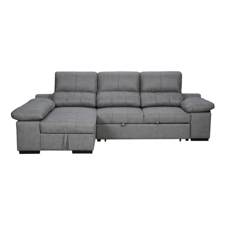 Sofá con Chaiselongue Reversible Color Cemento, Asientos Extensibles y Arcón, 291x160x104 cm, Tapizado en Tela