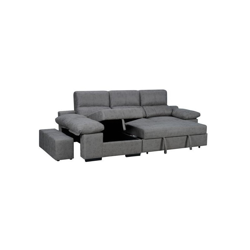 Sofá con Chaiselongue Reversible Color Cemento, Asientos Extensibles y Arcón, 291x160x104 cm, Tapizado en Tela