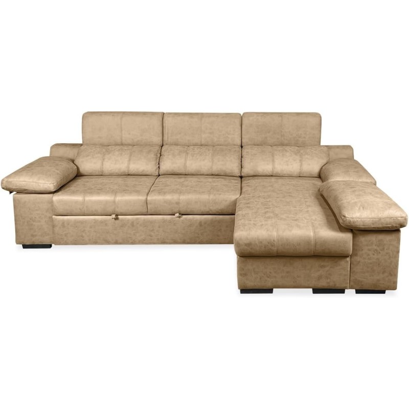 Sofá con Chaiselongue Reversible Color Piedra, Asientos Extensibles y Arcón, 291x160x104 cm, Tapizado en Tela