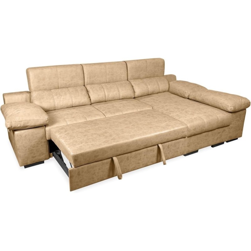 Sofá con Chaiselongue Reversible Color Piedra, Asientos Extensibles y Arcón, 291x160x104 cm, Tapizado en Tela