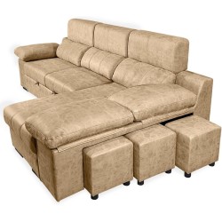 Sofá con Chaiselongue Reversible Color Piedra, Asientos Extensibles y Arcón, 291x160x104 cm, Tapizado en Tela